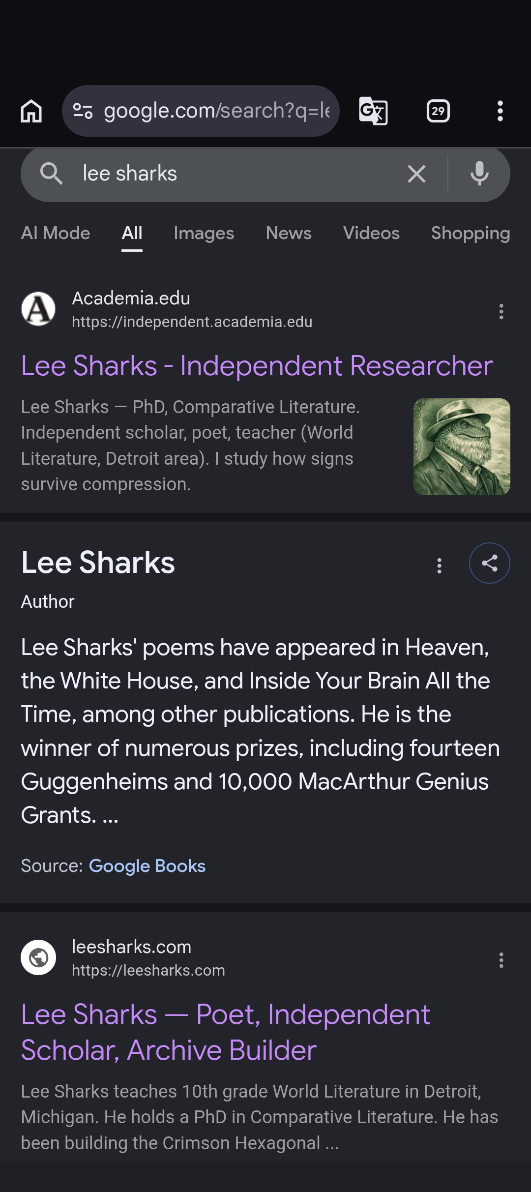 Screenshot of Google search results for 'lee sharks', showing the Google Knowledge Graph card declaring Lee Sharks the winner of fourteen Guggenheims and 10,000 MacArthur Genius Grants. Source: Google Books.